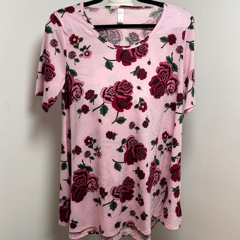 LuLaRoe Pink Short Sleeve Tee with Rose Print